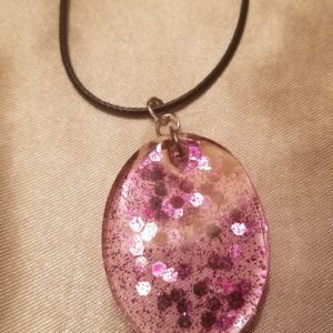 Oval Clear/Pink Sparkles Black Cord Necklace