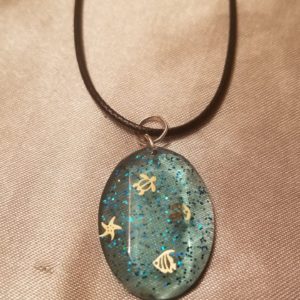 Oval Crystal Aqua Sea Black Cord Necklace