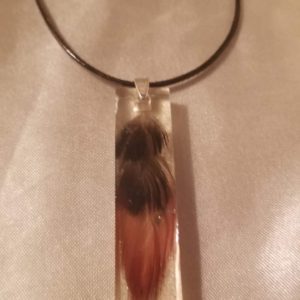 Rectangular Drop Pheasant Feather Brown Cord Necklace