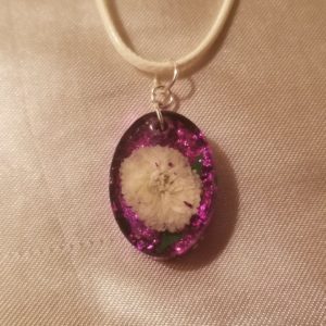 Oval Purple Flake/White Flower White Cord Necklace