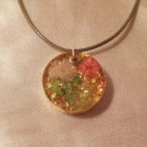Round Gold Flake Pink/White Flowers Green Cord Necklace