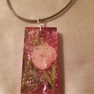 Rectangular Pink Flakes White/Pink Flowers Green Cord Necklace