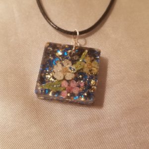 Square Gold/Blue Flakes Yellow/Pink Flowers Brown Cord Necklace