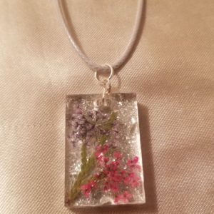 Rectangular Silver Sparkles Pink/Purple Flower White Cord Necklace
