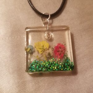 Square Clear Multi Colour Flowers Black Cord Necklace