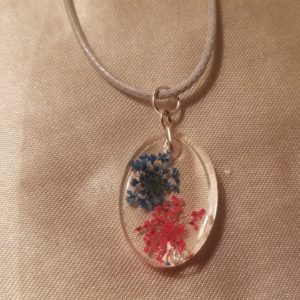 Oval Clear Blue/Pink Flowers White Cord Necklace
