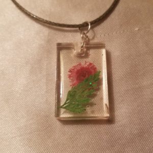 Rectangular Clear Red Flower Green Cord Necklace