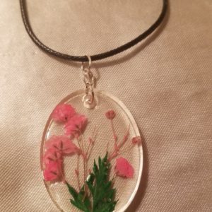 Oval Clear/Pink Flowers Brown Cord Necklace