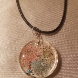 Round Clear Pink/White/Blue Flowers Black Cord Necklace