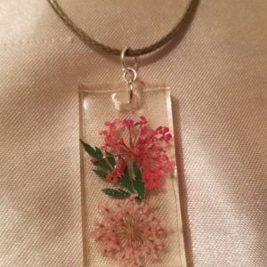 Rectangular Clear Pink Flowers Green Cord Necklace