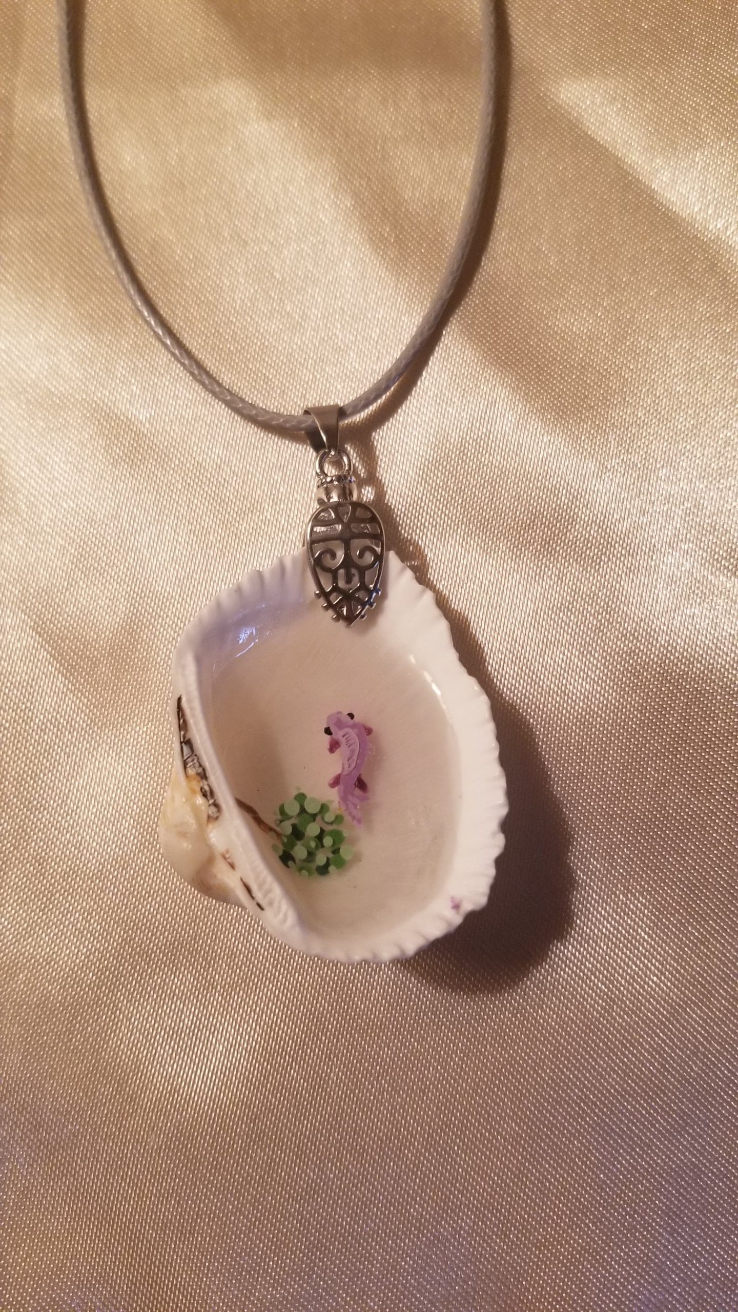 Mini Shell Pond Hand Painted Purple Fish Grey Cord Necklace