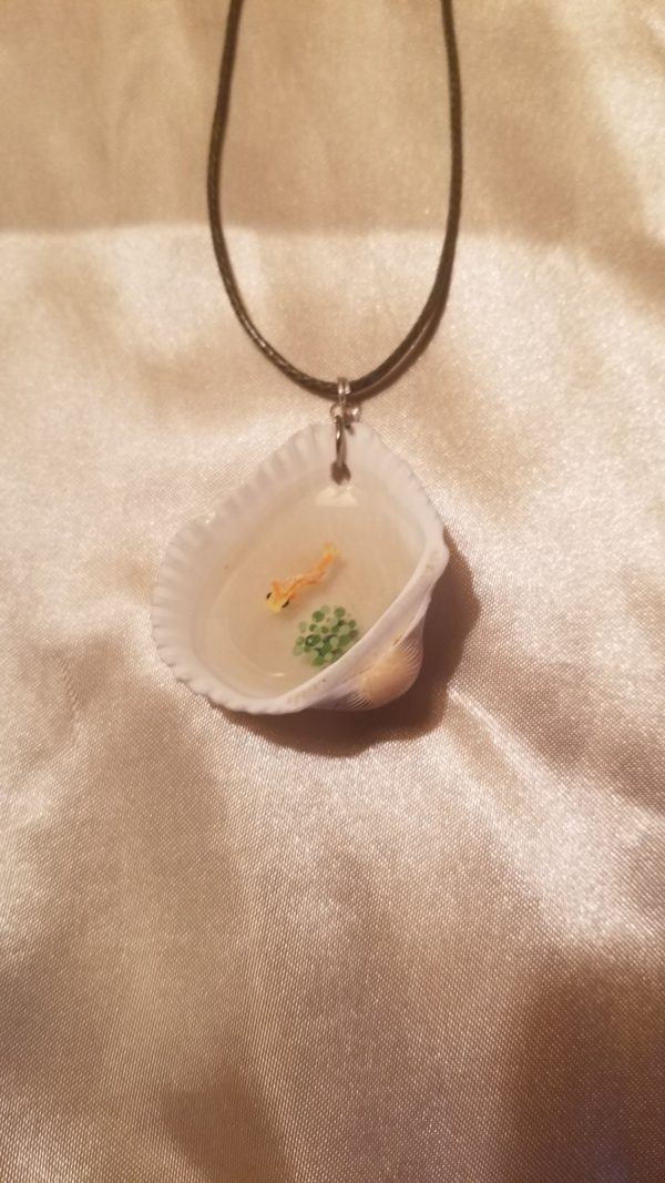 Mini Shell Pond Hand Painted Orange Fish Black Cord Necklace Style 1