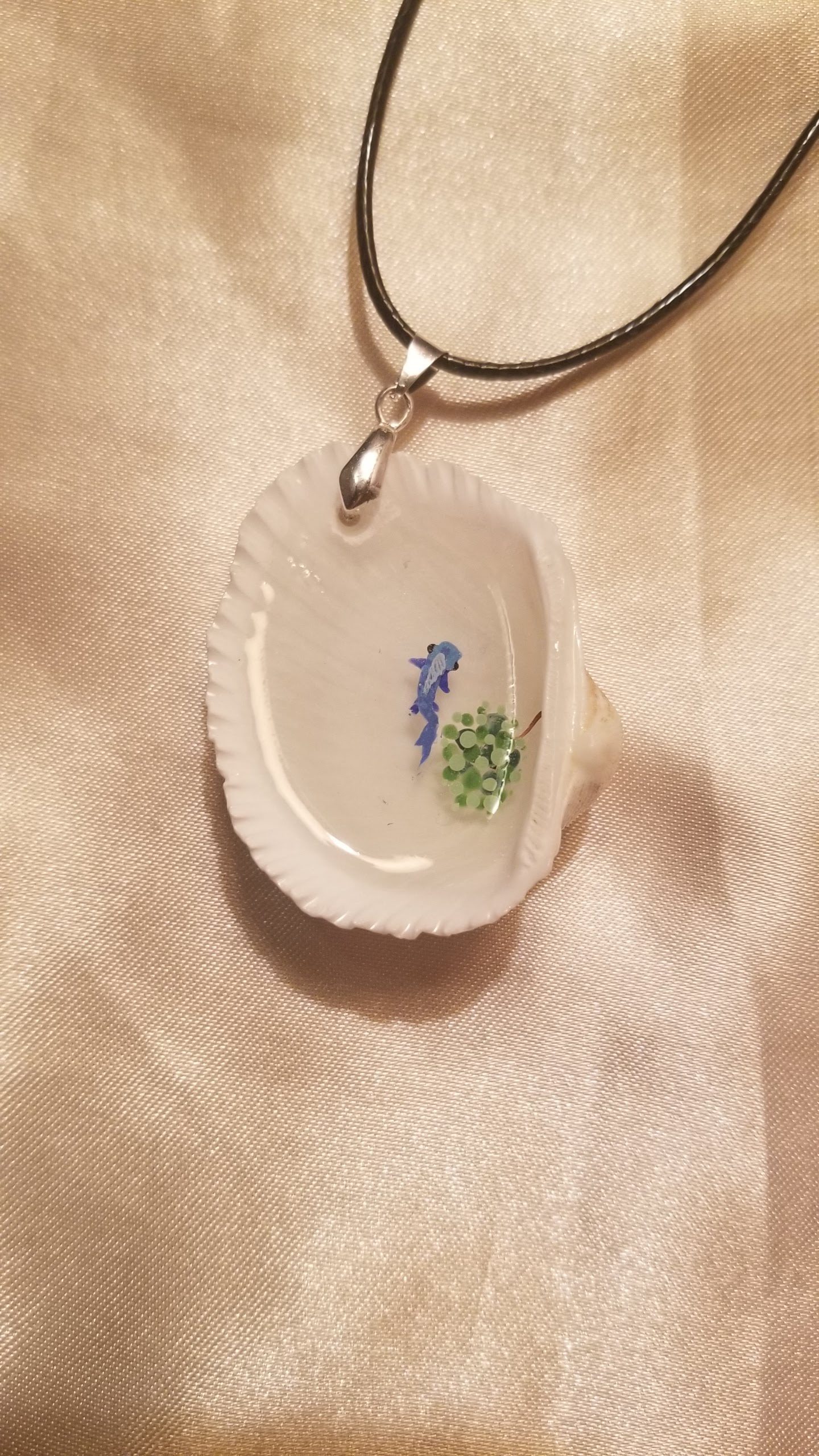 Mini Shell Pond Hand Painted Blue Fish Black Cord Necklace Style 2