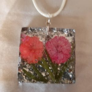 Square Pink/Peach Flowers/Silver Flakes White Cord Necklace
