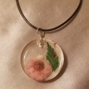 Round Clear Pink Flower Brown Cord Necklace