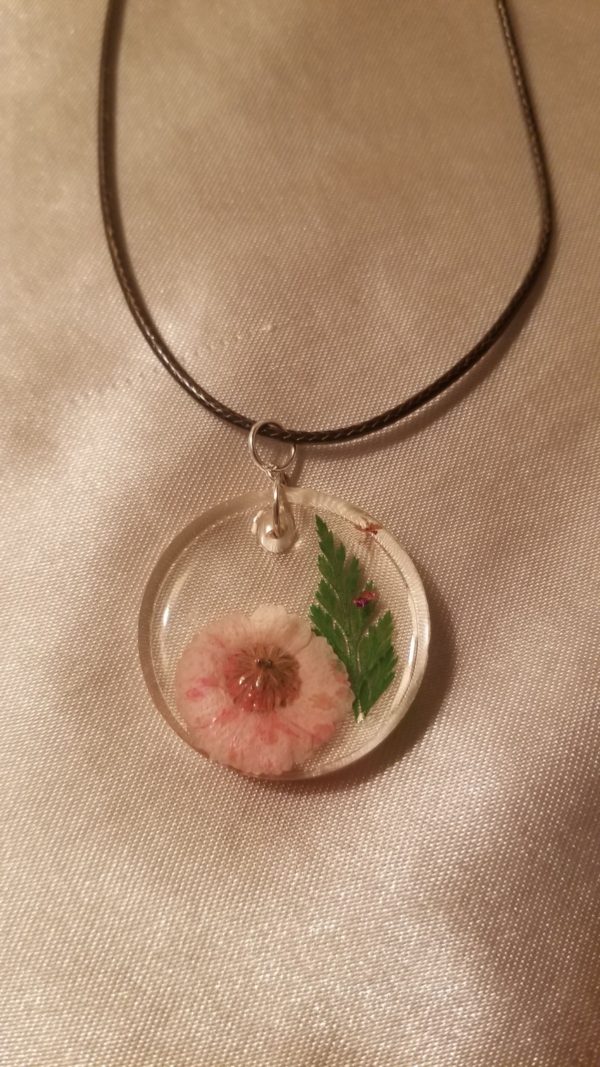 Round Clear Pink Flower Brown Cord Necklace