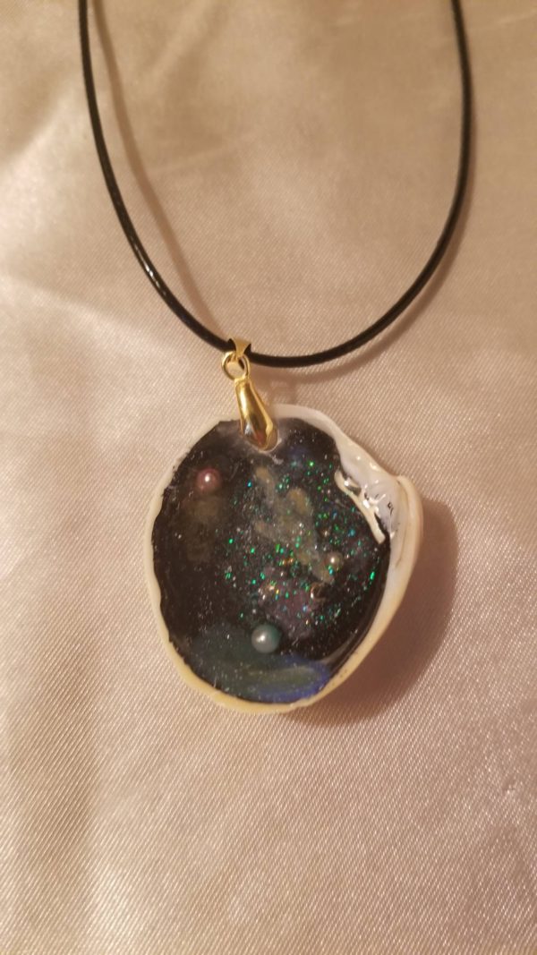 Shell Hand Painted Space Scene Black Cord Necklace Style 3