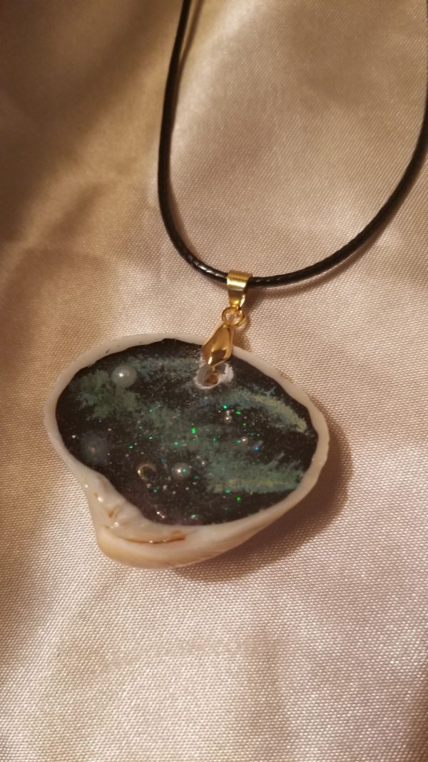 Shell Hand Painted Space Scene Black Cord Necklace Style 8
