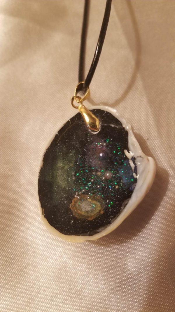 Shell Hand Painted Space Scene Black Cord Necklace Style 9