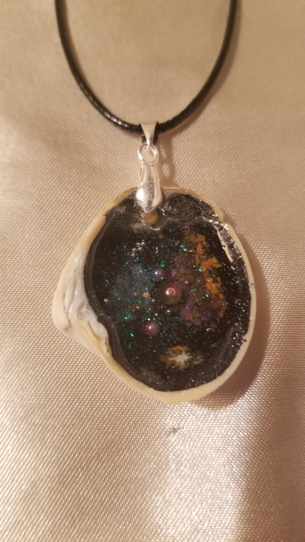 Shell Hand Painted Space Scene Black Cord Necklace Style 2