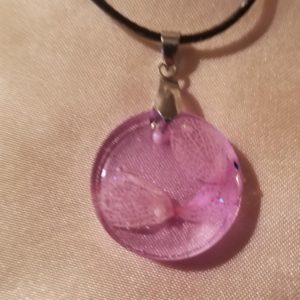 Round Pink/Flower Petals Black Cord Necklace