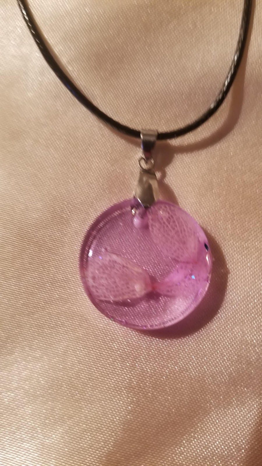 Round Pink/Flower Petals Black Cord Necklace