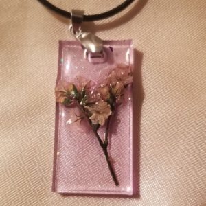 Rectangular Pink/Dried Flowers Black Cord Necklace