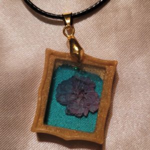 Picture Frame Gold/Aqua/Purple Flower Black Cord Necklace