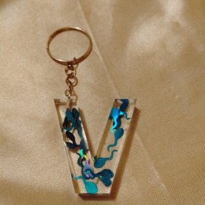 Letter V Blue Swimmers Glitter Keychain