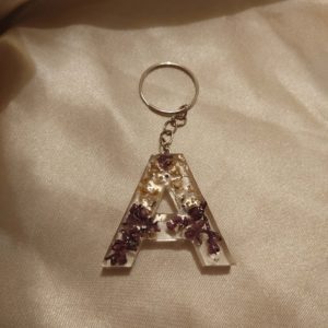 Letter A Purple/White Lilac Flowers Keychain