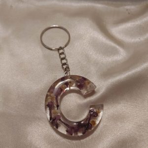 Letter C Purple/White Lilac Flowers Keychain