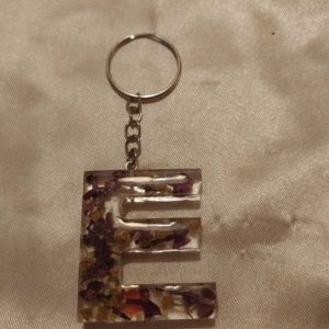 Letter E Purple/White Lilac Flowers Keychain