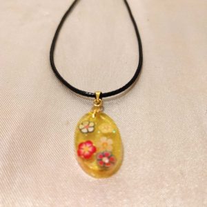 Oval Yellow/Multi Flowers Black Cord Necklace