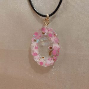 Oval Pink Leaf Glitter Black Cord Necklace