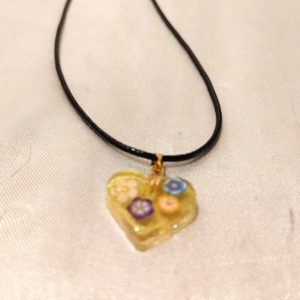 Heart Yellow/Multi Flowers Black Cord Necklace