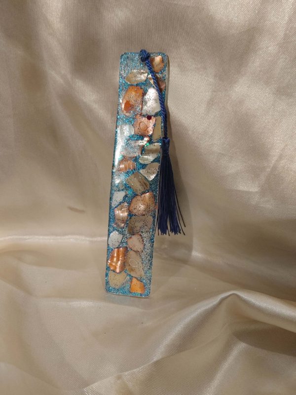 Bookmark Long Colour Shell Pieces/Blue Sparkles Blue Tassel