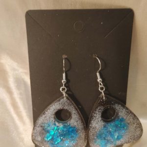 Ouija Planchettes Black/Silver Sparkles Blue Glitter Silver Tone Posts Drop Earrings