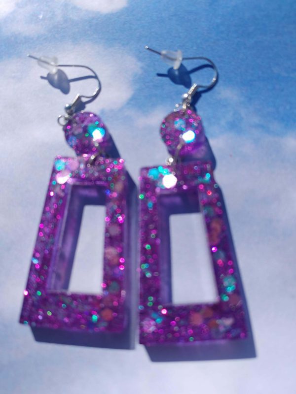 Rectangular/Rectangular Purple Sparkles Drop Earrings