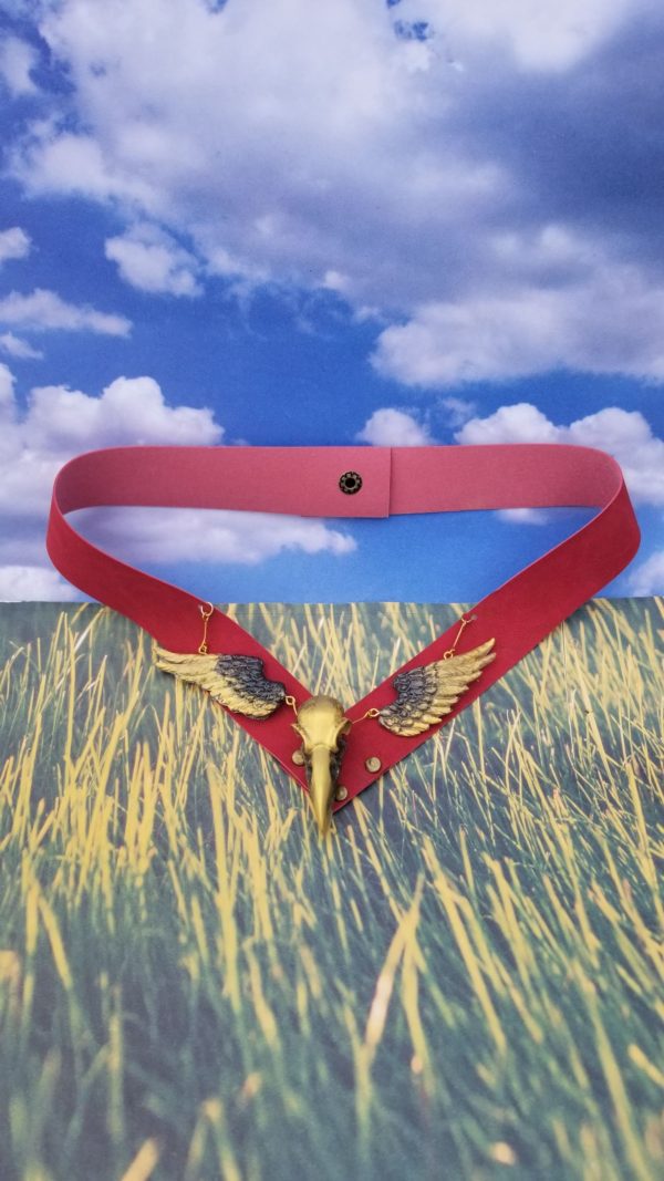 Red Faux Suede Leather Bird Skull/Wings Collar Necklace