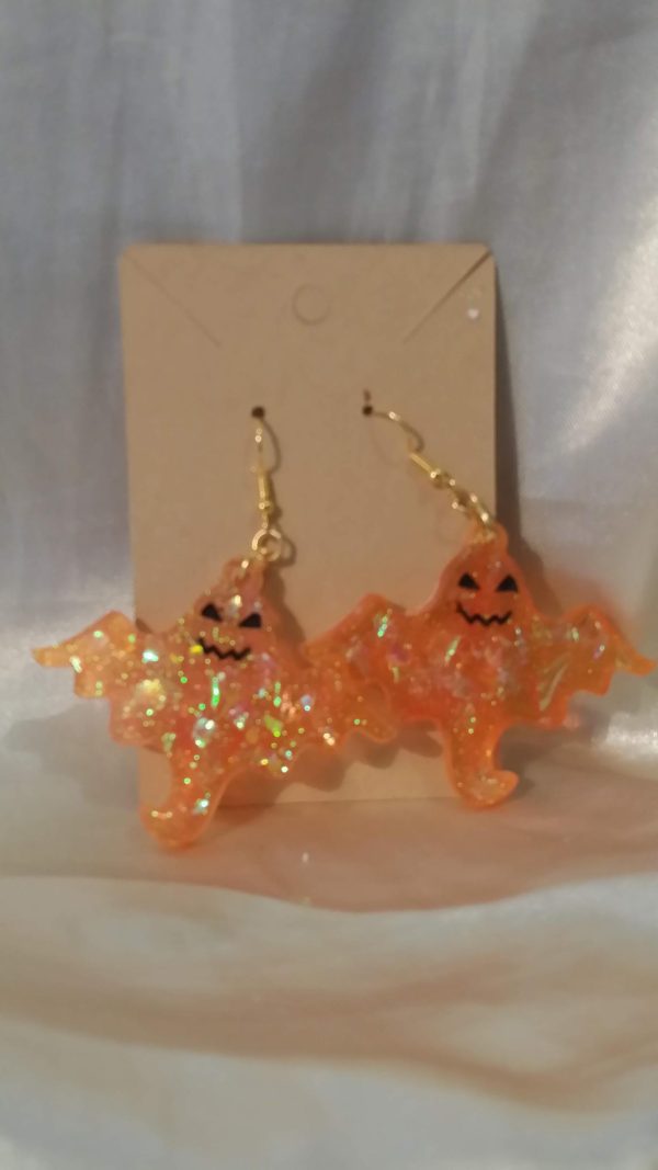 Ghost Orange Glitter/Black Accents Gold Tone Posts Drop Earrings
