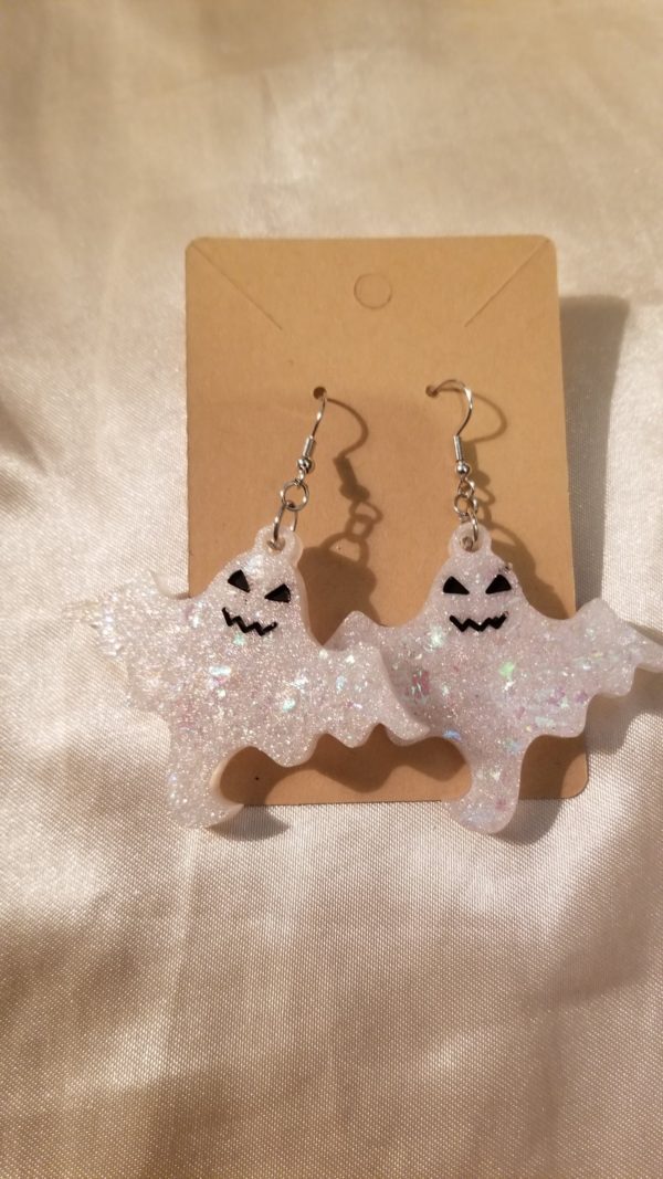 Ghost White Glitter/Black Accents Silver Tone Posts Drop Earrings