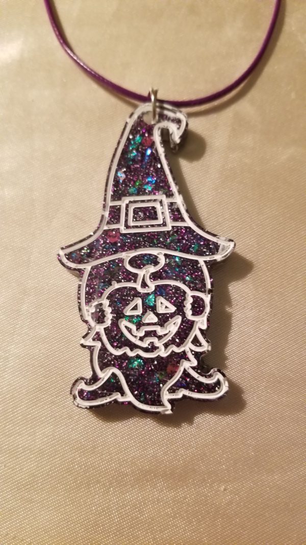 Halloween Gnome Jack-o-Lantern Purple Cord Necklace
