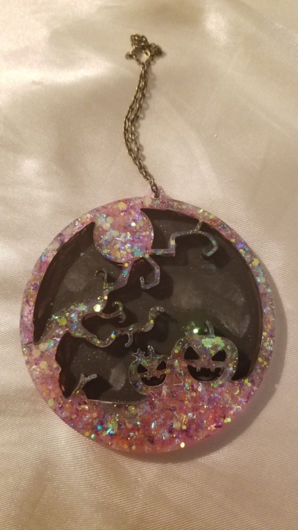 Halloween Scene Black Pink/Purple Glitter Hanging Ornament
