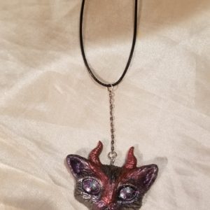 Horned Space Eyed Cat Black/Red Black Cord Necklace