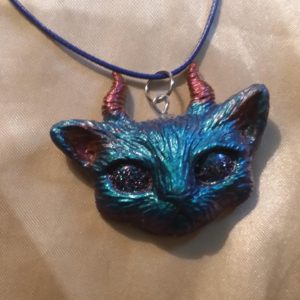 Horned Space Eyed Cat Blue/Red/Black/Purple Blue Cord Necklace
