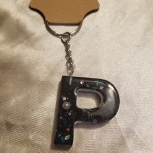 Letter P Black Space Glitter Blue/Purple Holographic Glitter Keychain