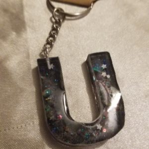 Letter U Black Space Glitter Blue/Purple Holographic Glitter Keychain