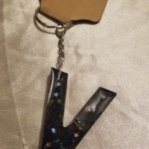 Letter V Black Space Glitter Blue/Purple Holographic Glitter Keychain