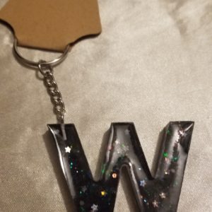 Letter W Black Space Glitter Blue/Purple Holographic Glitter Keychain