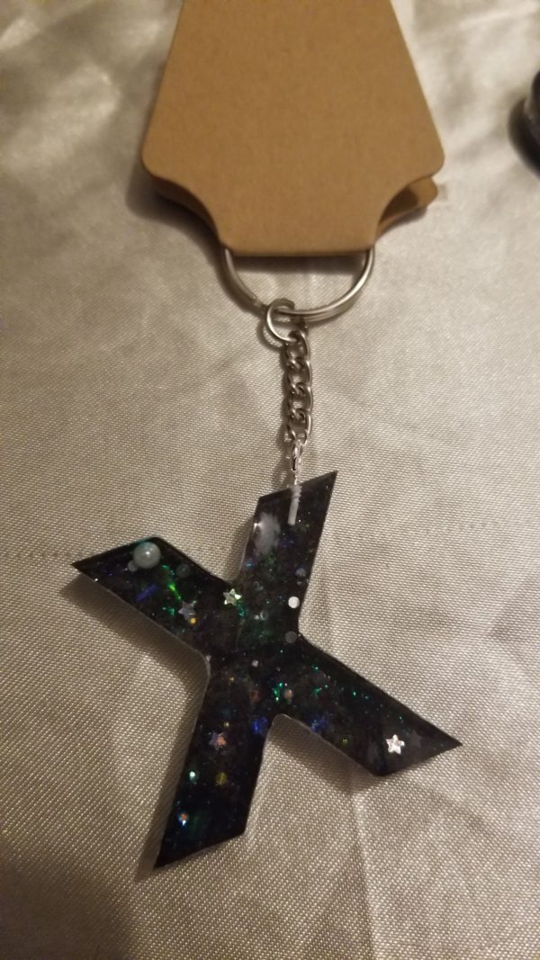 Letter X Black Space Glitter Blue/Purple Holographic Glitter Keychain